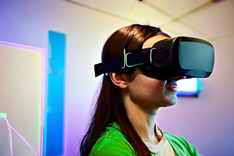 A woman in a virtual reality training system adjusts her headset to improve her vision skills.