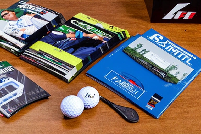 A desk filled with golf magazines and tools. A golf ball in hand