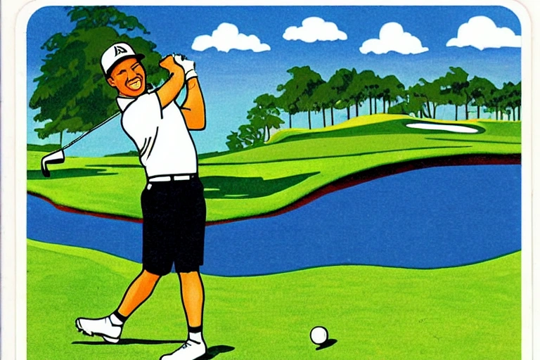 A golf card with a smiling golfer on it.