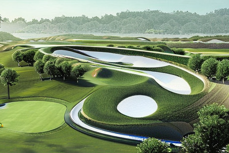 A golf course with a futuristic architecture that incorporates advanced technology.