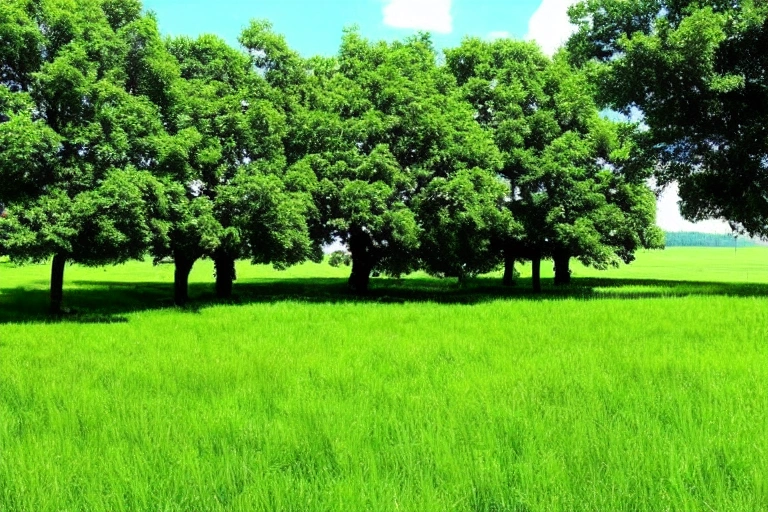 A green field with a few trees in it.