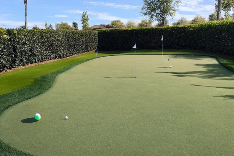 A putting green filled with practice balls and a putter.