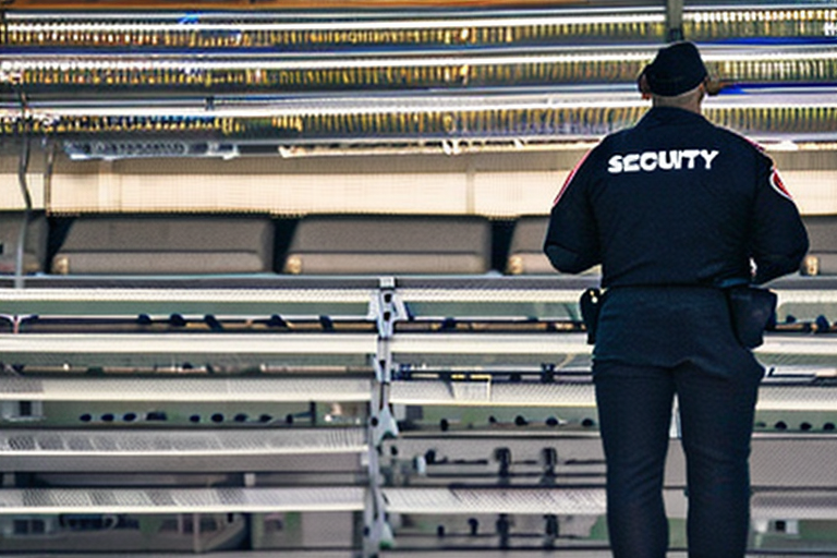 A security guard watches as supplies are brought in to a venue. Venues and sponsorships are being se