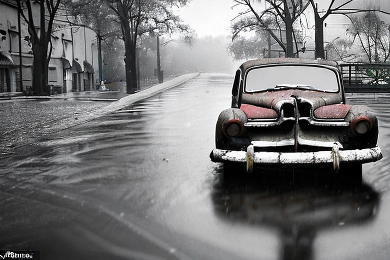 A weather-beaten old car stands in the rainDRIVING IN DIFFERENT WETTING CONDITIONS