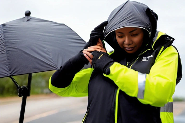 A woman adjusting a weather-proof vest while shielding her face from the rain.
