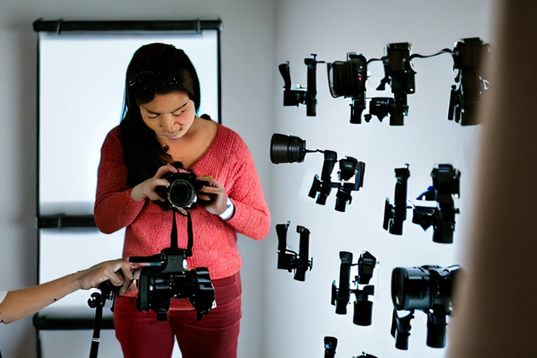 A woman selects a camera equipment during a photo shoot.