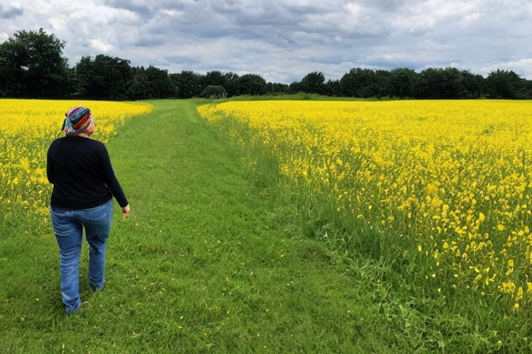 A woman walks in a field