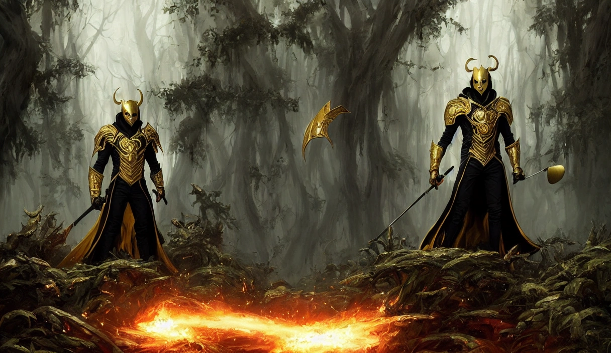A young golferatu wearing black and gold armor with yellow eyes wearing an ornate gold armor in a fo