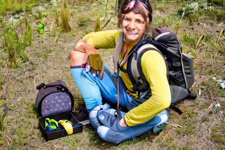 A young woman gearing up for a day of hiking with appropriate equipment.