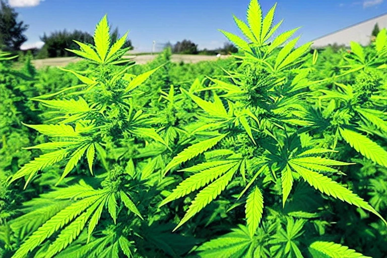 An image of a green marijuana plant with a yellow 